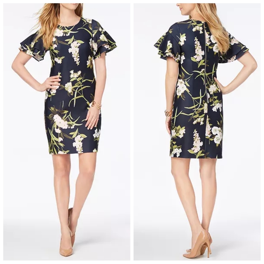 Tommy Hilfiger Floral-Print Ruffle-Sleeve Scuba Dress | Size 12 | NWT